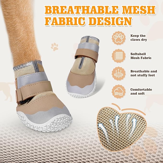 DcOaGt Dog Shoes Small Size Dogs,Mesh Breathable Dog Boots & Paw Protectors for Hot Pavement Summer Winter Snow, 360°Anti-Slip Dog Booties with Reflective Strips for Hiking/Walking,Khaki 4PCS(Size 2)