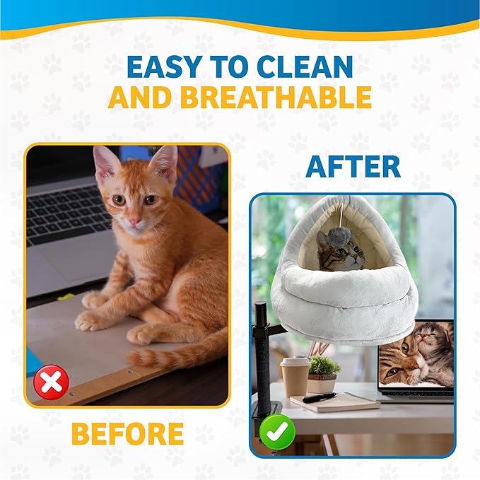 Cat Desk Bed with Scratching Post – Elevated Modern Perch for Desk, Window, or Shelf Use – Dual-Purpose Flat Surface or Plush Bed for Napping & Lounging – Space-Saving Indoor Cat Furniture