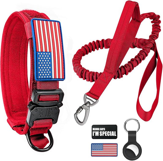 Tactical Dog Collar and Bungee Leash,Military Dog Collar & Leash Set with USA American Flag Adjustable K9 Collar with Heavy Duty Metal Buckle & Handle,with Patches and Airtags Case (L, Red)