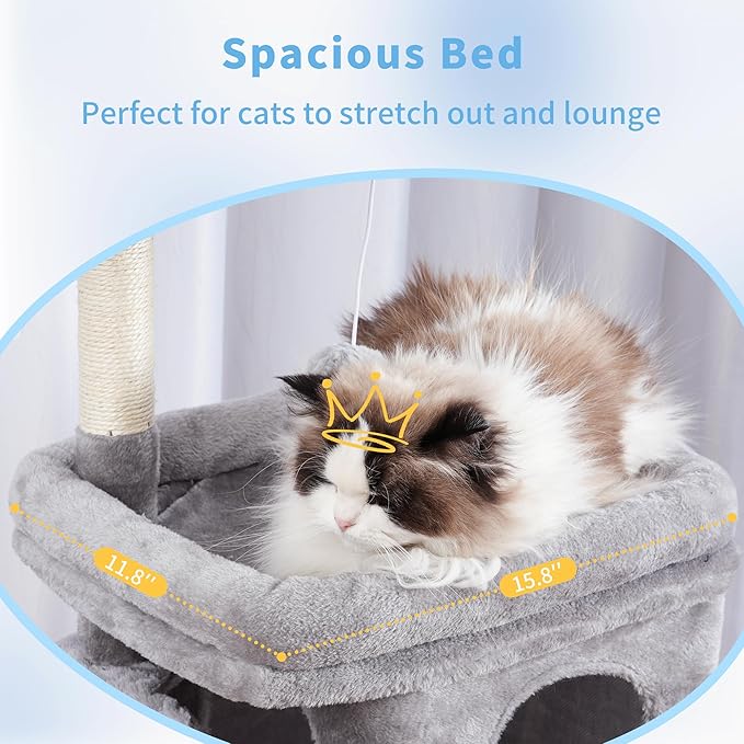Hey-brother Cat Tree Tower, Scratching Posts with Cozy Condo, Padded Bed, Hammock, Plush Perch, Sisal Post and Ball for Indoor Kittens, 44.9 Inches, Light Gray MPJ009SW