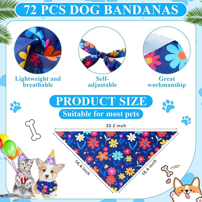 Sanwuta 72 Pcs Dog Bandana Bulk Washable Puppy Triangle Scarfs Cat Bandanas Adjustable Soft Cute Pet Triangle Bibs Accessories for Small Medium Dogs Cats Pets Costume(Summer Pattern)