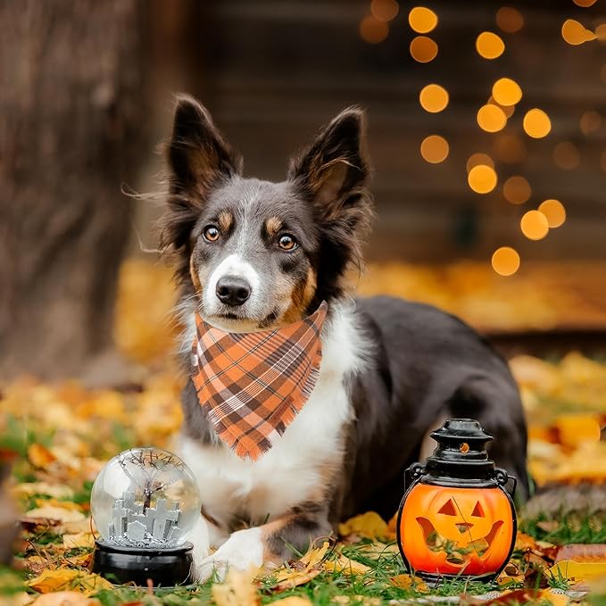 ADOGGYGO Fall Dog Bandana with Tassels Edges, Orange Red Plaid Pet Scarf Bib, Multiple Sizes Offered, Halloween Thanksgiving Fall Bandanas for Medium Large Dogs Pets (Large)