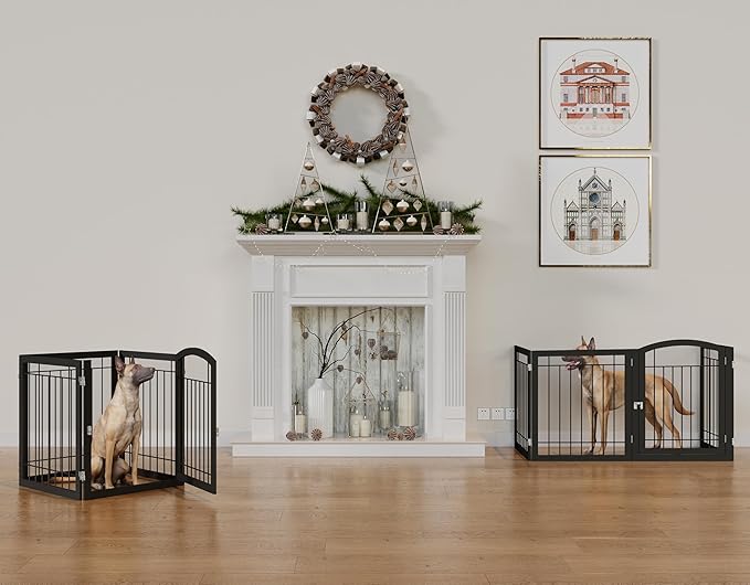 Vantas Folding Pet Gate 96" Wide, 30" Tall No-Assembly Metal Dog Gate, Freestanding Wire Pet Gate, Pet Puppy Safety Fence, Extra Wide with 2PCS Support - Black