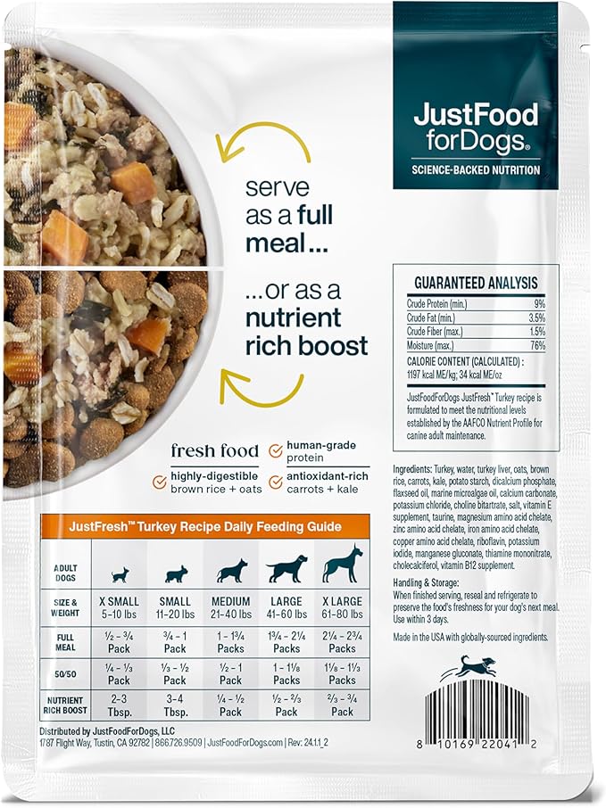 JustFoodForDogs JustFresh Wet Dog Food, Fresh Pet Meals and Toppers with No Preservatives, Resealable Package, Human Grade, Home-Cooked Turkey, 12 oz - 7 Pack
