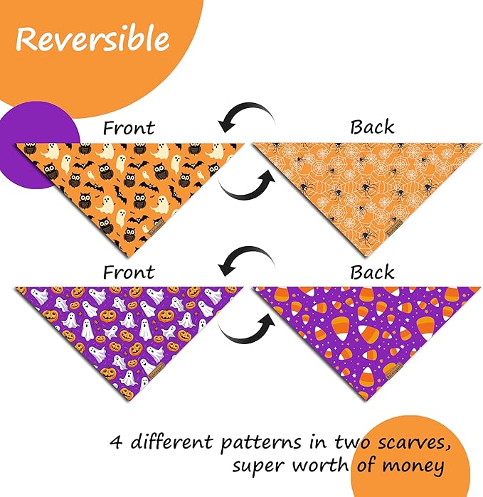 Halloween Dog Bandanas 2 Pack 4 Pattern Ghost Spider PumpkinCandle Bibs Reversible Washable Durable Fall Scarf Suitable for Small and Medium Breed Dog Boy and Girl