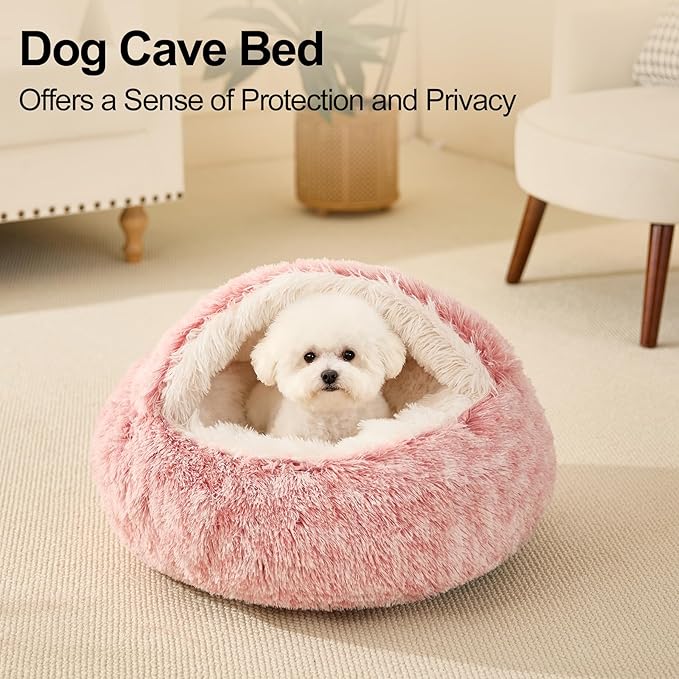 Calming Bean Mush Beds & Cat Cave with Hooded Cover, Removable Washable Round Beds for Small and Medium Pets, Anti-Slip Faux Fur, Fits Up to 15/25 lbs