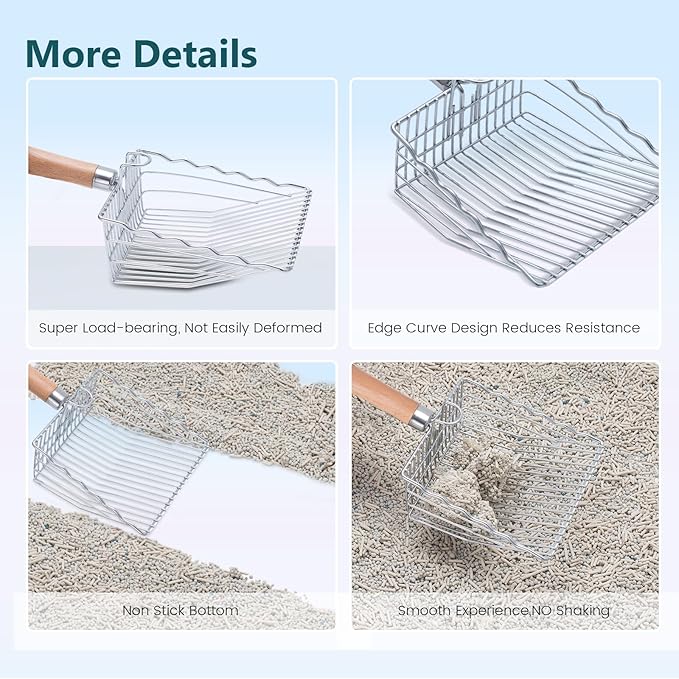 Cat Litter Scoop, 9.8" Extended Handle Premium Kitty Shovel with Hook and Hole, Metal Sifter Scooper Stainless Steel for Easy Cleaning, Durable and Heavy Duty, Odor-Free for Litter Box