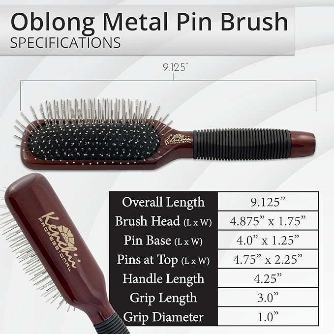 Kenchii Pet Grooming Metal Pin Brush | Solid Wood, Non-Slip Grip Detangling and Shedding Tool for Long or Short Haired Pets - Large Oblong Size