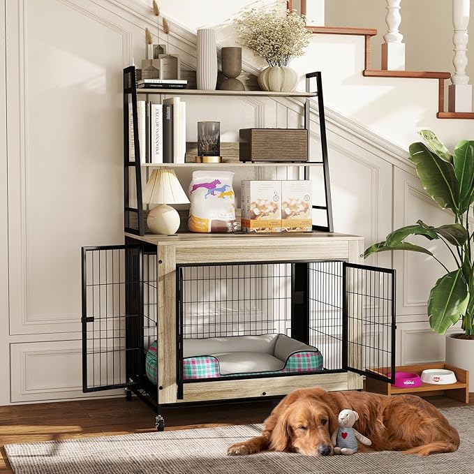 Giantex Dog Crate Furniture with Storage Shelves, 38" Furniture Style Indoor Dog Kennel on Wheels, 3 Doors, Flip Top Lid, Removable Pull-Out Tray, Dog Cage Pet House for Large Dogs, Oak Gray