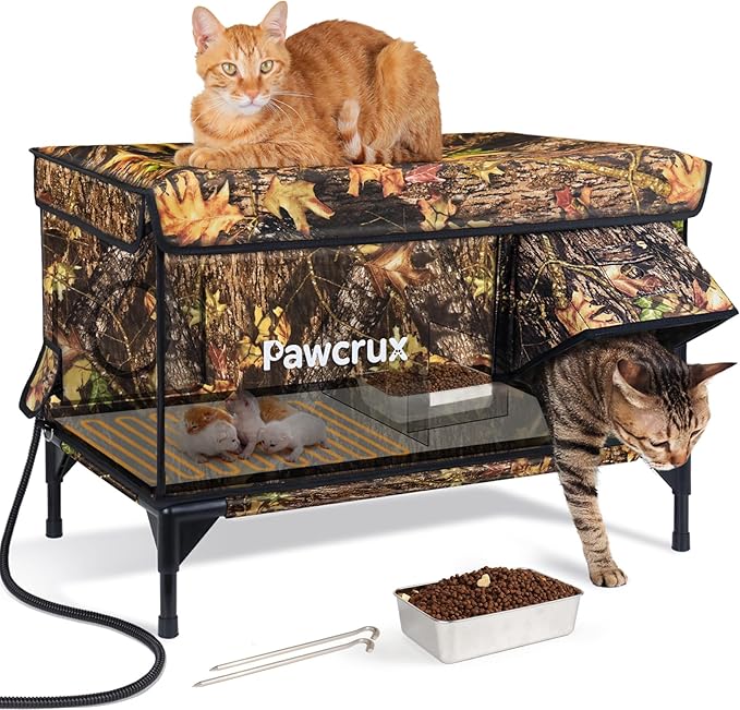 Heated Cat House for Outdoor in Winter, Insulated & Safe Escape Door & Waterproof Heated Cat Bed Shelter with Heating Pad, Warm Home for Outside Feral Barn Stray Kitty(Leaf Color, 16.5"x28"x19.1")
