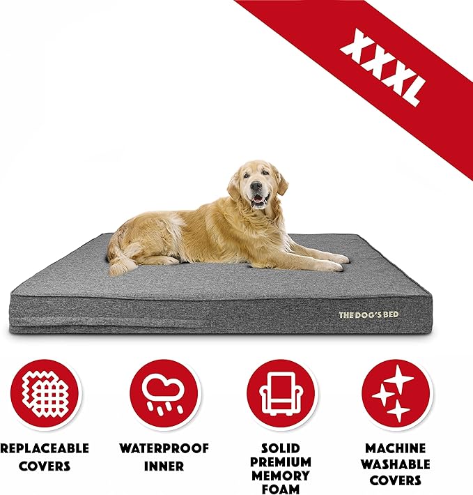 The Dog’s Bed Orthopedic Memory Foam Dog Bed, XXXL Grey Linen 64x44, Pain Relief for Arthritis, Hip & Elbow Dysplasia, Post Surgery, Lameness, Supportive, Calming, Waterproof Washable Cover