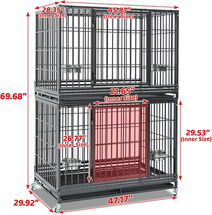 Homey Pet Two Tiers 48 Inch Heavy Duty Indestructible Dog Crate, Stackable Escape Proof Dog Cage Kennel Indoor with Two Removable Trays, Metal Grids, Wheels, Bowls, Double Doors for Large Dogs(6 Pack)