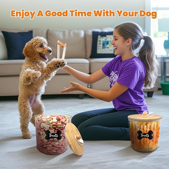2 Pack Airtight Dog Food Storage Container, Dog Treat Container Dog Food Container with bamboo Lids 6x5'',Pet Food Storage Container,Cat Food Container with Scoops,Clamp,Labels,Pen