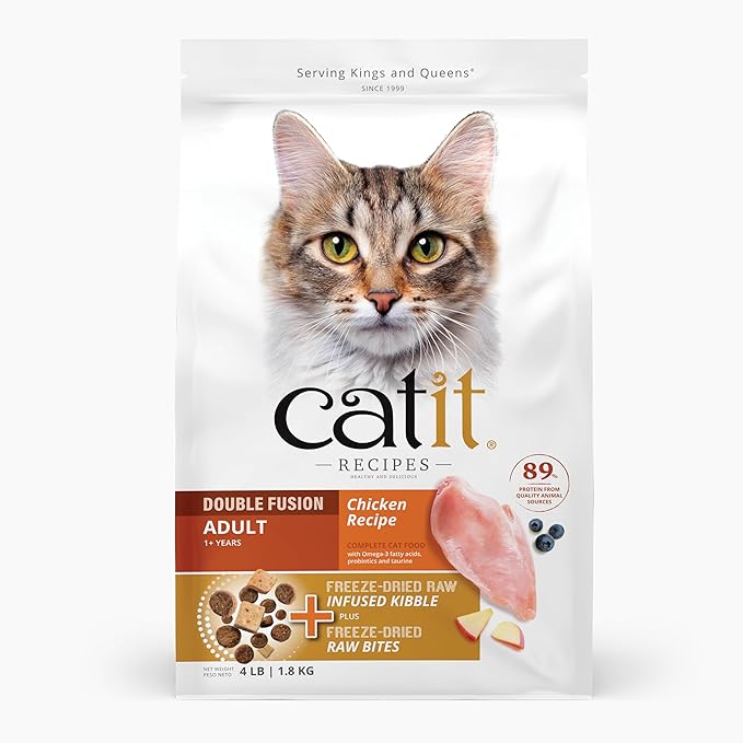 Catit Recipes Double Fusion Adult Cat Food – Chicken Recipe, High-Protein, Freeze-Dried Raw Toppings, No by-Products, Minimally Processed for Optimal Nutrition, 4 lb