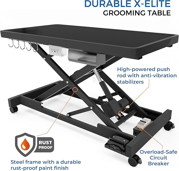Professional Super Low-Step Electric Dog Grooming Table 49.2", Heavy Duty, Anti-Slip Tabletop, Height Adjustable Dog Table with Lockable Casters, Stainless Grooming Overhead Arm, Dog Grooming Station