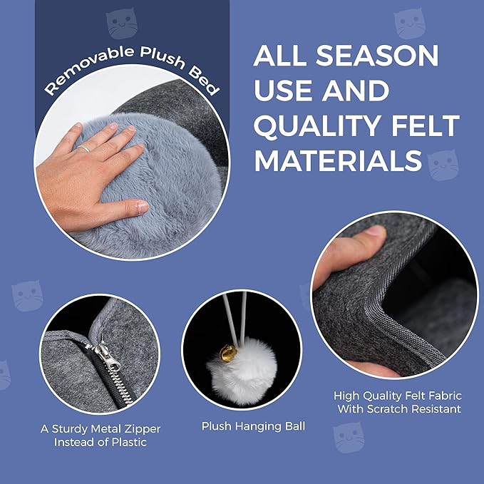 Premium Large Size 24 Inch Cat Tunnel Bed - With Upgraded Metal Zipper - Detachable Round Design - Washable - and Scratch Resistant - Includes 3 Toys and Removable Cushion