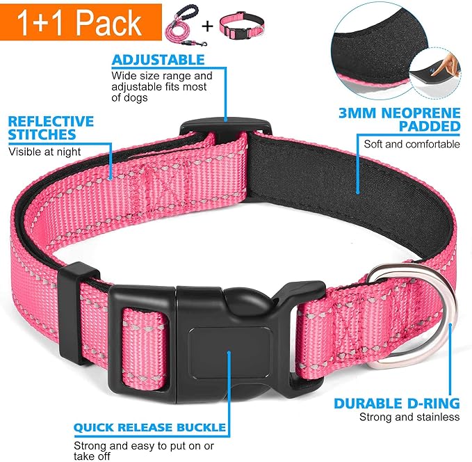 Reflective Dog Collar Padded with Soft Neoprene Breathable Adjustable Nylon Dog Collars for Small Medium Large Dogs (X-Small (Pack of 1), Pink Collar+Leash)