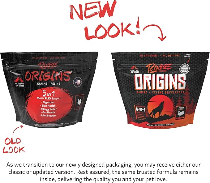 ROGUE PET SCIENCE Origins 5-in-1 Dog Supplement - Powdered Food Topper w/Natural Turkey Protein- Supports Healthy Digestion, Skin, and Coat - Helps Reduce Itching & Joint Inflammation (2LB)