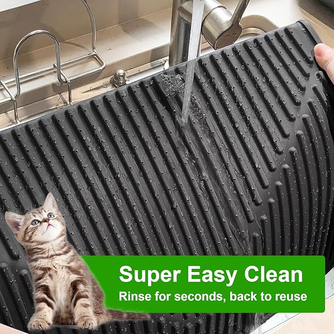 Gosmol Cat Litter Mat, 24"x15" Waterproof & Urine-Proof Silicone Trapping Mat with Deep Grooves, Easy Clean Non-Slip Rubber Cat Mat for All Litter Boxes (Hooded/Self-Cleaning) & Floors, Black