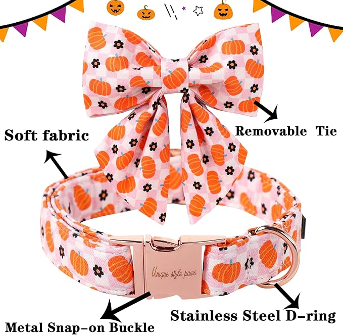 Unique Style Paws Halloween Day Dog Collar with Bowtie Pink Pumpkin Cotton Dog Collars for Small Medium Large Dogs