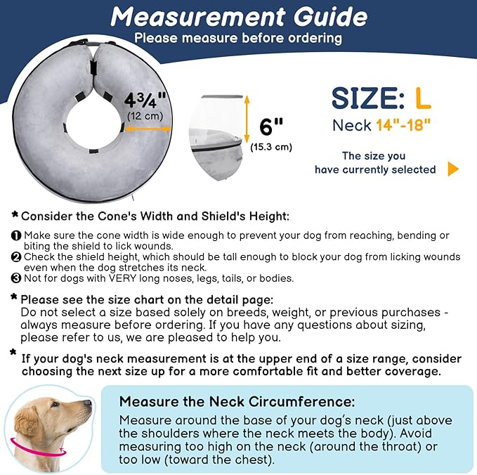 BARKLESS Inflatable Dog Cone, Protective Dog Surgery Collar to Stop Licking Biting Wounds, Patented Soft Donut Cone with Clear Shield, Adjustable Blow-up Collar for Surgery Recovery (Grey, L)