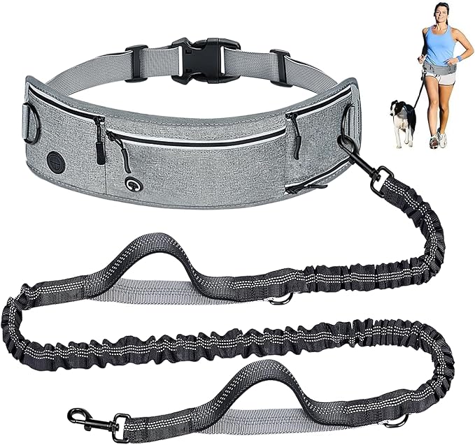 Waist Dog Hands Free Dogs Leash, Waist Running Leash with Zipper, Walking Pouch for Dog Walking, Reflective Dual Padded Handles Bungee Retractable Running for Medium to Large Dogs (Grey)