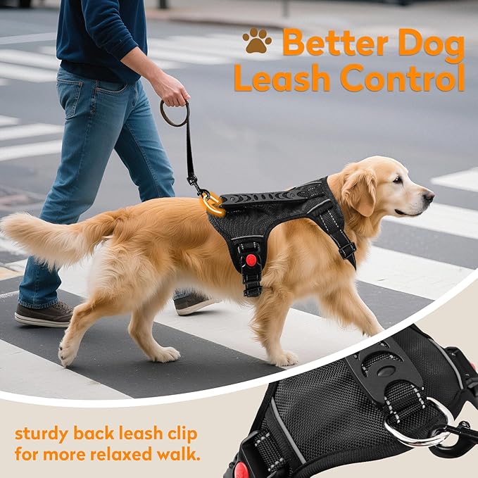 No Pull Dog Harness with 2 Leash Clips, Reflective Adjustable Soft Padded Vest with Handle, Breathable Oxford No Choke Pet Vest for Large Dogs, Black,XL