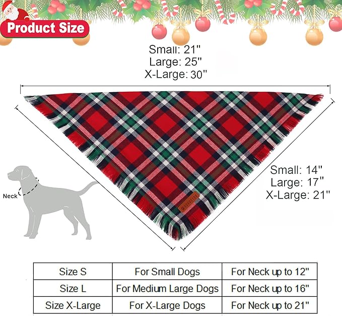 ADOGGYGO Christmas Dog Bandanas with Tassels, Festive Red Green Plaid Xmas Scarf Bib, Soft Cotton Fabric, Pet Christmas Bandanas for Extra Large Dogs (X-Large)