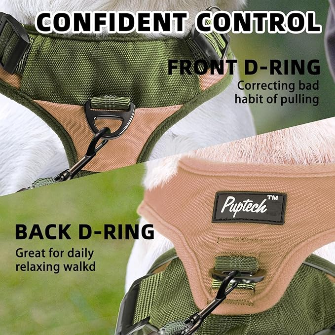 PUPTECK Escape Proof Dog Harness and Leash Set Upgraded No Pull Reflective Dog Vest with Lift Handle, Easy Control Pet Harness for Medium Large Dogs Training Walking Running, Green, L