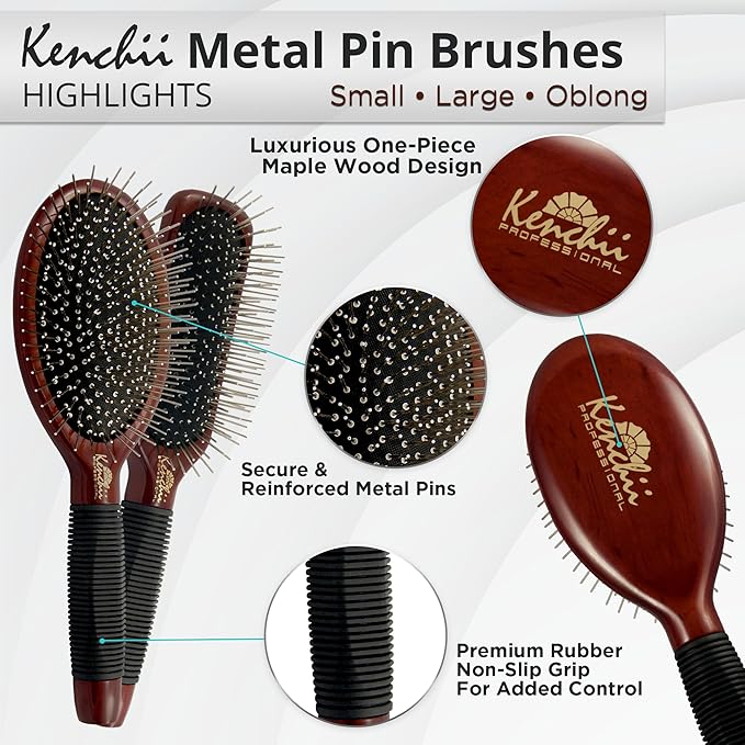 Kenchii Pet Grooming Metal Pin Brush for Dogs and Cats, Solid Wood Handle, Non Slip Grip, Detangling and Shedding Brush for Long or Short Haired Pets, Size Small