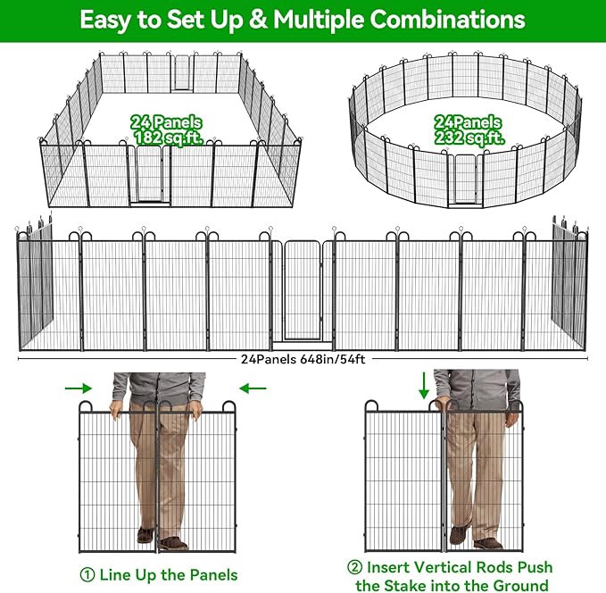 Dog Playpen Outdoor 24 Piece Panels Heavy Duty Dog Fence 47" Height Anti-Rust with Doors Portable for RV Camping Yard, Total 54FT, 227 Sq.ft, Snowy Black
