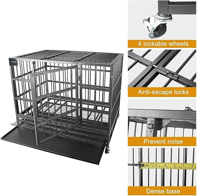 Confote 48" Heavy Dog Duty Cage Metal Indestructible Dog Kennels Crate for Large Dogs with Double Doors & Lockable Wheels