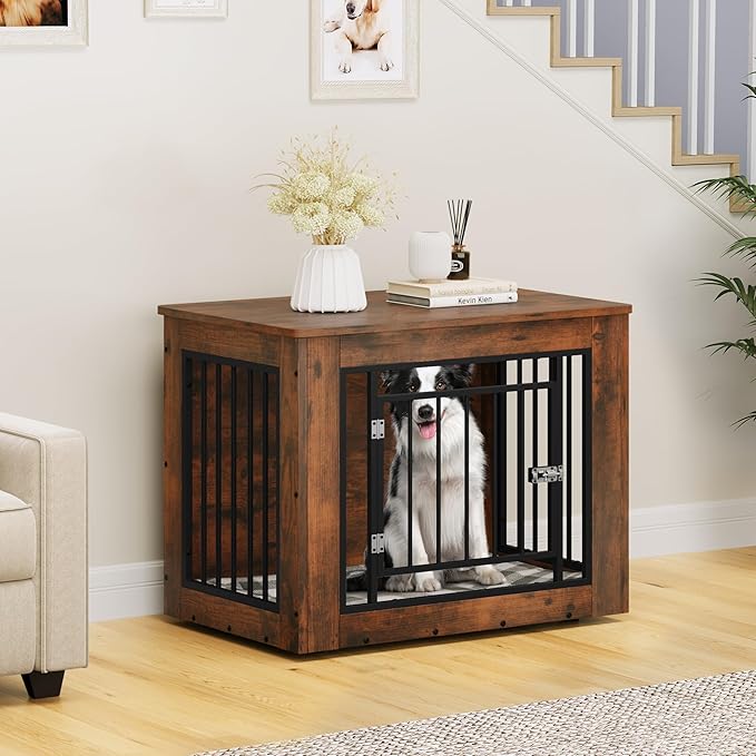 YITAHOME 32.5" L Dog Crate Furniture for Medium Dogs, 2-in-1 Iron-Wood Fusion Dog cage Indoor up to 40 lb, Side End Table, Modern Dogs Kennel with Waterproof Top, Safety Corners,Steel Lock,Rustic
