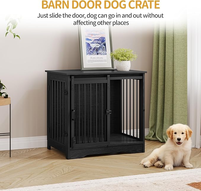 27.2" Dog Crate Furniture with Barn Door, Heavy Duty Dog Kennel Indoor with 2 Doors, Wooden Pet Cage End Table for Small Medium Dogs up to 22 lb, Anti-Chew Anti-Escape, Black DFC84304B