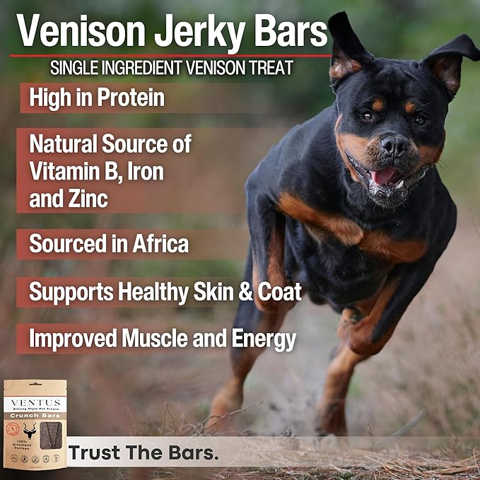 VENTUS Jerky Crunch Bars - Single Ingredient All Natural Venison Dog Training Treats, Healthy Air-Dried, High Protein No Additives, Grain Free, 8 oz