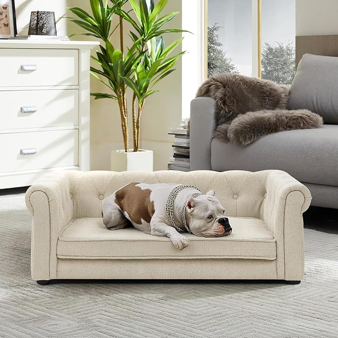 Dog Sofa Couch for Medium Dogs, 31" Memory Foam Dog Couch with Washable Fabric, Removable Cushion, Sofa Bed for Medium Dogs, Beige