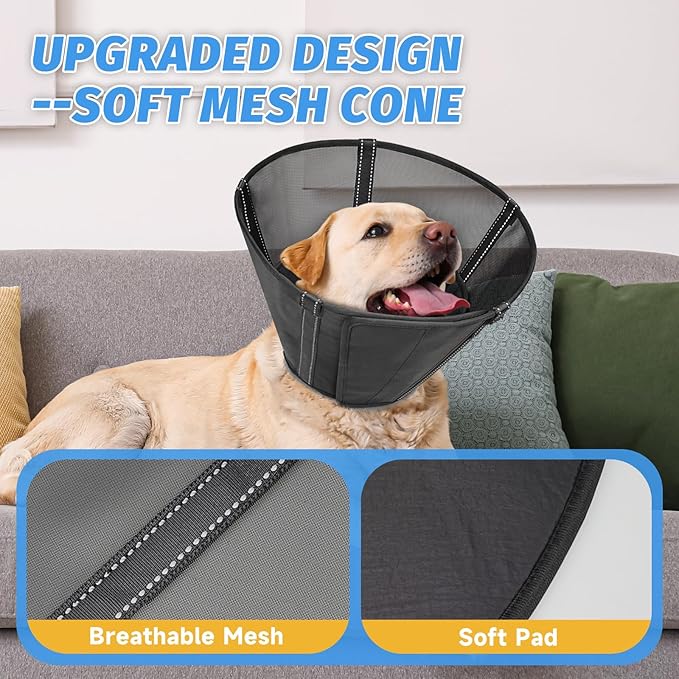 Dog Cone Collar to Stop Licking: Soft Mesh Recovery Collar After Surgery with Detachable Pad, Elizabeth Cone Alternative for Large Medium, Small Dogs, Normal Eating and Drinking (L)