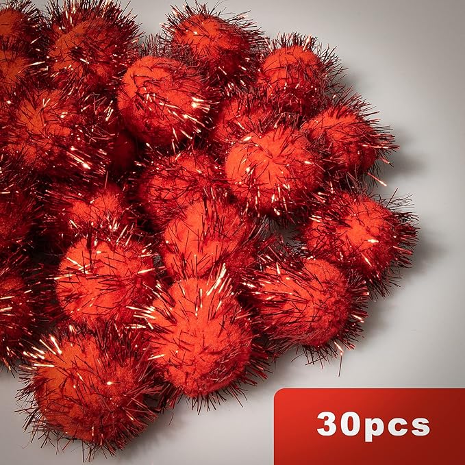 VAPKER 30 Piece 1.5" Red Color Sparkle Balls Cat's Favorite Toy Tinsel Pom Poms Glitter