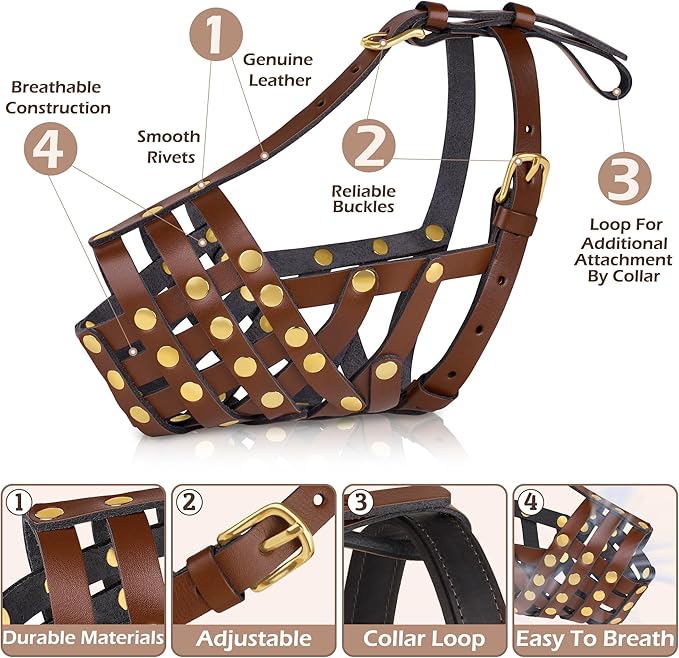 OOPSDOGGY Pitbull Dog Muzzle for Large Dogs - Leather Breathable Secure Basket Muzzle for Medium Large Breeds Prevents Biting No Chewing Amstaff Staffordshire Terrier (Brown, Size 4 - Pitbull)
