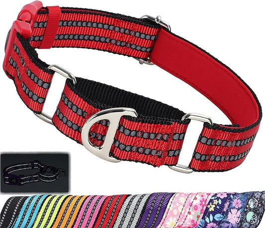 Martingale Collar for Dogs - Reflective Nylon with Padded Comfort & Quick Release Buckle - No Slip Choke Heavy Duty Collar for Safe Training, Walking & Nighttime Use Red L