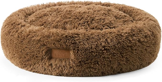 TOWN & COUNTRY LUXE CuddleTown Fuzzy Solid Donut Pet Bed, Soft, Cozy & Calming, Non-Slip Bottom, 100% Machine Washable, Brown, Medium 28"x28"x7" Round