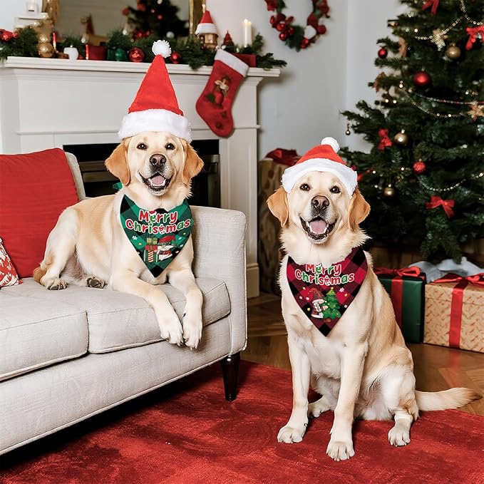 Christmas Dog Bandanas 2 Pcs, Pet Scarf for Dog Girl, Cute Triangle Puppy Scarf Kerchief Bandana Small Medium Pet Dogs On Xmas, Christmas Father Xmas Tree Print Gifts for Dogs Lovers