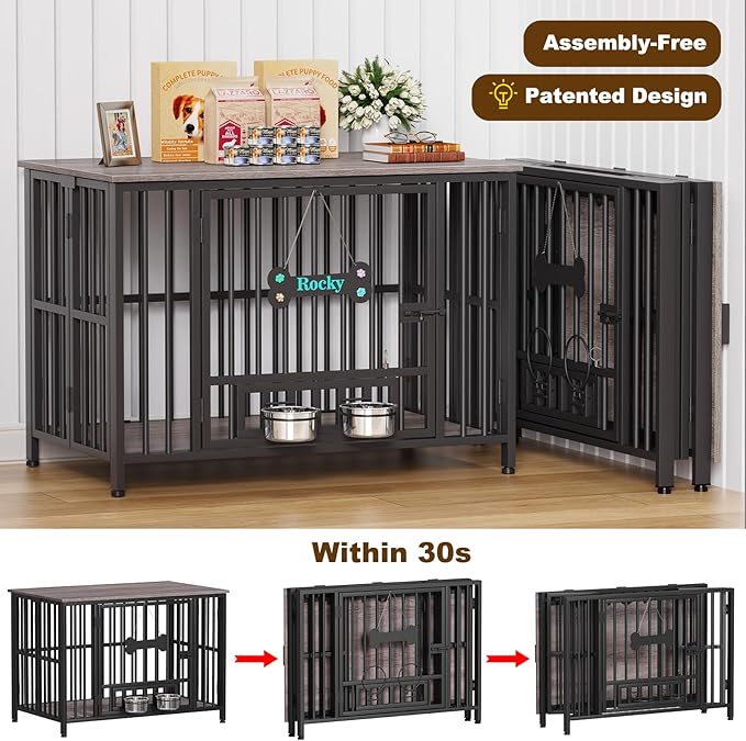 Easycom 41" Dog Crate Furniture Foldable, No Assembly Decorative Dog Kennel Indoor, Dog Crates for Large Dogs(35-60 lb), Wooden Dog Cage with Adjustable Bowls and Name Tag, End Table, Oak Grey