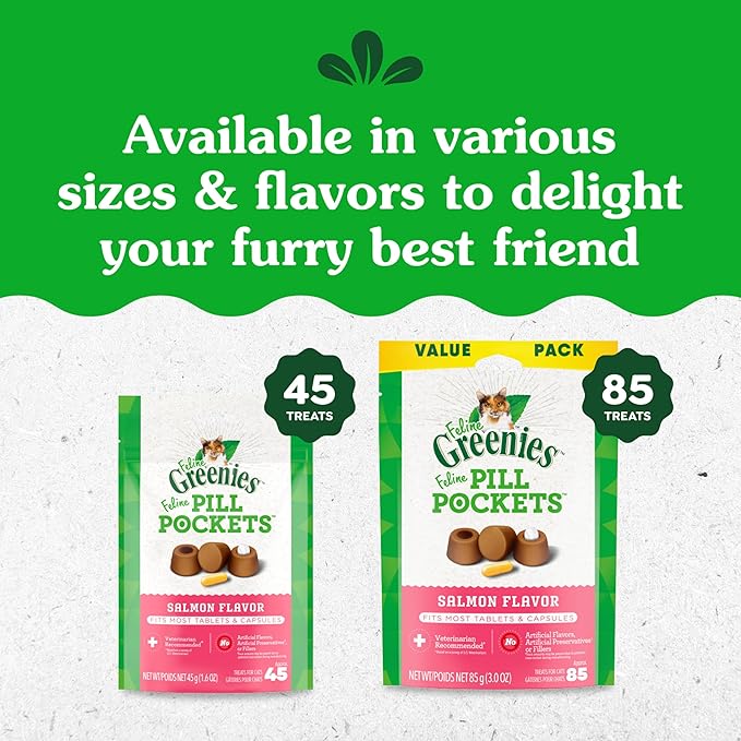 Greenies Feline Pill Pockets for Cats Natural Soft Cat Treats, Salmon Flavor, 3 oz. Pouch (85 Treats)