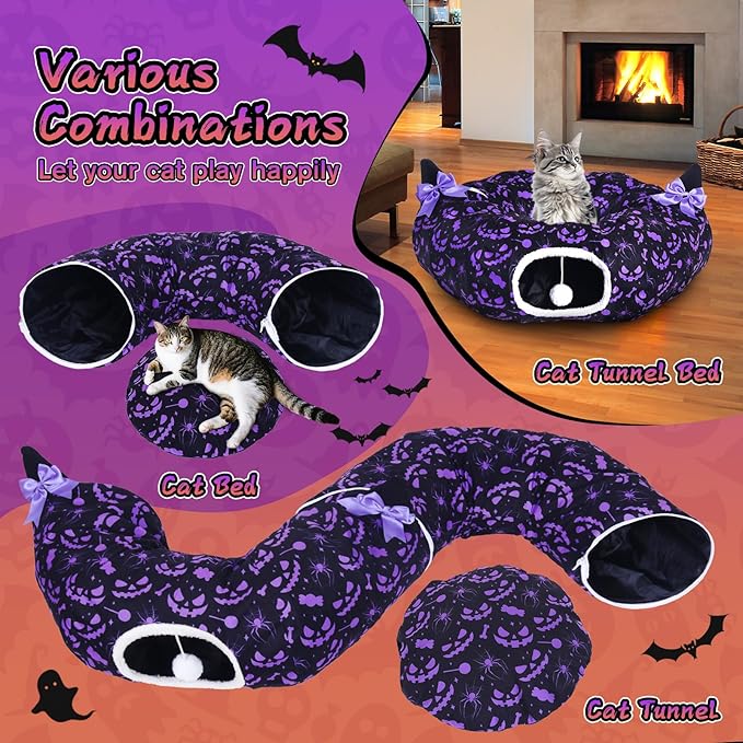 Tidjani Halloween Cat Tunnel, Cat Tunnels for Indoor Cats, Foldable Pet Donut Bed with Washable Mat and Dangling Balls, Purple Bowknot, Ghost Spider Pattern Decor Pet Toys for Small Animals