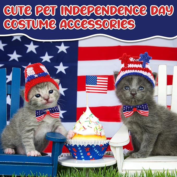 Ganeen 4 Pcs Independence Day Cat Costume 4th of July Pet Hat Headband American Flag Bow Tie Dog Cap USA Small Animal Top Hats National Day Bowtie Collar Costume for Rabbits Kittens Guinea Puppies