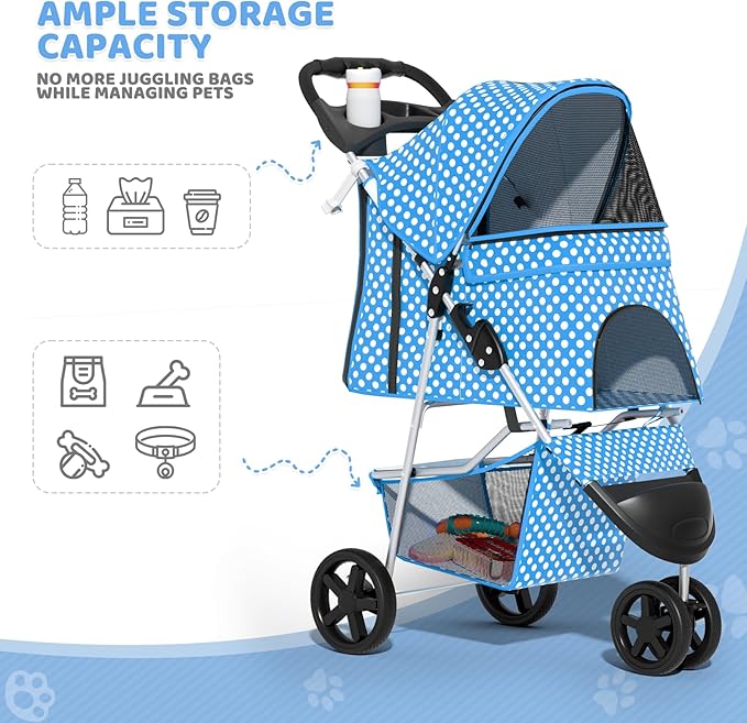 Magshion 3-Wheel Pet Stroller, Foldable Travel Jogger for Small & Medium Dogs & Cats (Up to 33lbs), Lightweight Carrier with Breathable Mesh Cover, Cup Holder & Storage Basket, Sky Blue Polka Dots