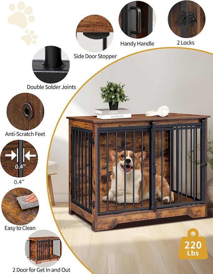 31.9" Dog Crate Furniture with Barn Door, Heavy Duty Dog Kennel Indoor with 2 Doors, Wooden Pet Cage End Table for Small Medium Dogs up to 44 lb, Anti-Chew Anti-Escape, Rustic Brown DFC83601B