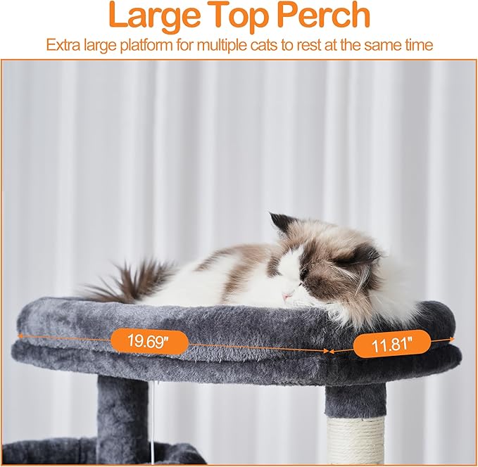 Heybly Cat Tree, 71-Inch-Tall Tower for Indoor Cats with 2 Perches, 2 Big Condos, 2 Hammocks, Basket, Scratching Pad, Large Cat Furniture and Condo, Smoky Gray HCT034G