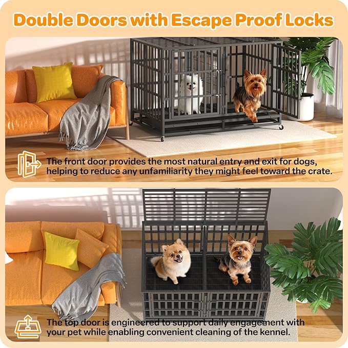 Heavy Duty Indestructible Dog Crate 48 Inch with Removable Tray, Sizes & Colors Optional, Escape Proof Double Door High Anxiety Cage Indoor, Kennel with Wheels for Large Dogs, XL XXL XXL